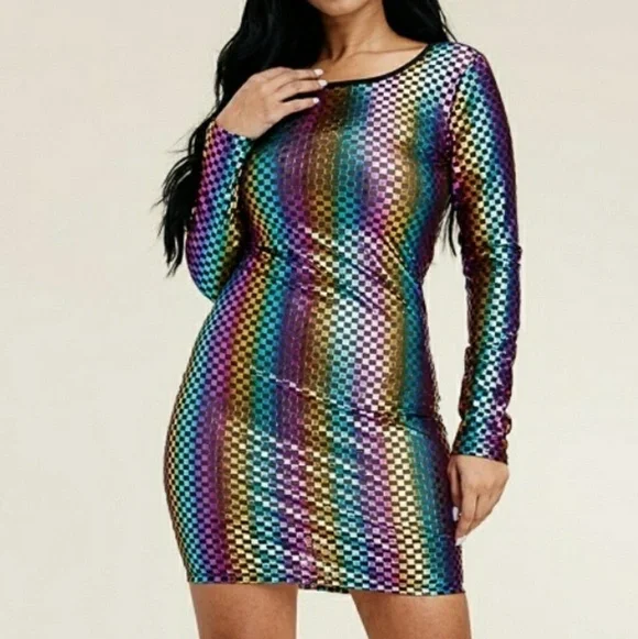 Long Sleeve Multi Foil Color Party Glam Midi Dress - Picture 4 of 5